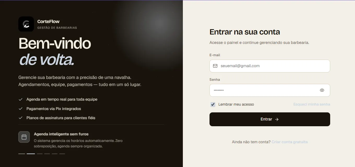 Tela de login do CorteFlow: à esquerda, a mensagem “Bem-vindo de volta” com os destaques agenda em tempo real, pagamentos via Pix e planos de assinatura; à direita, o formulário de acesso ao painel.